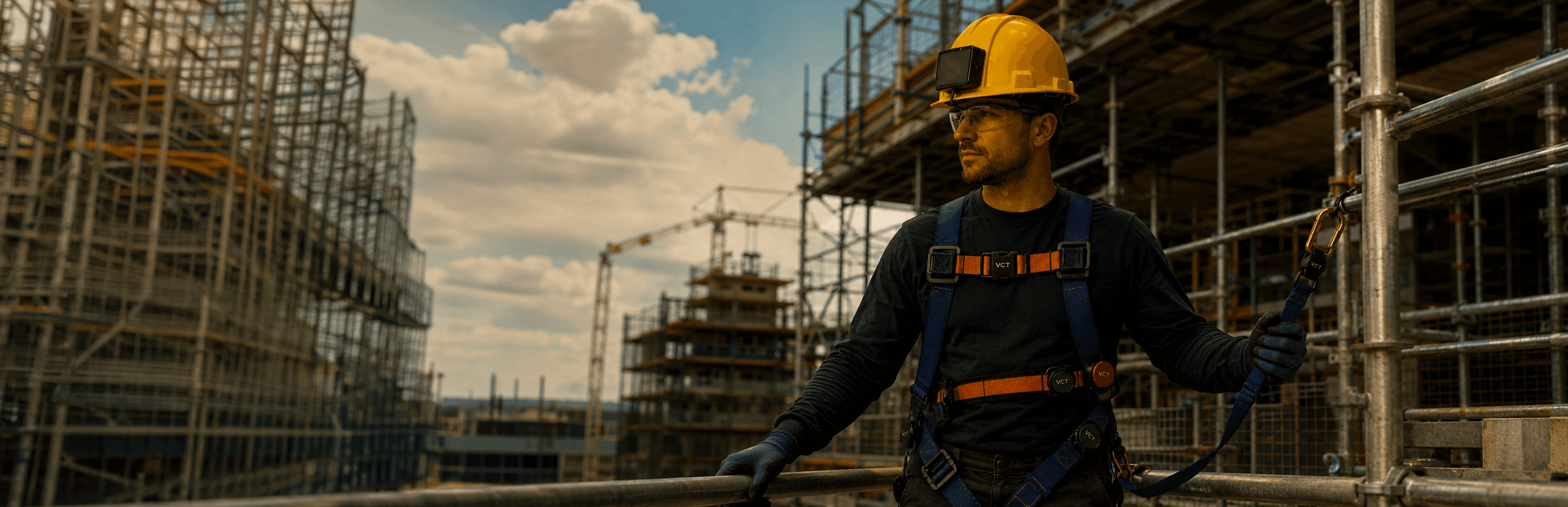 Industrial worker wearing a smart safety harness at night