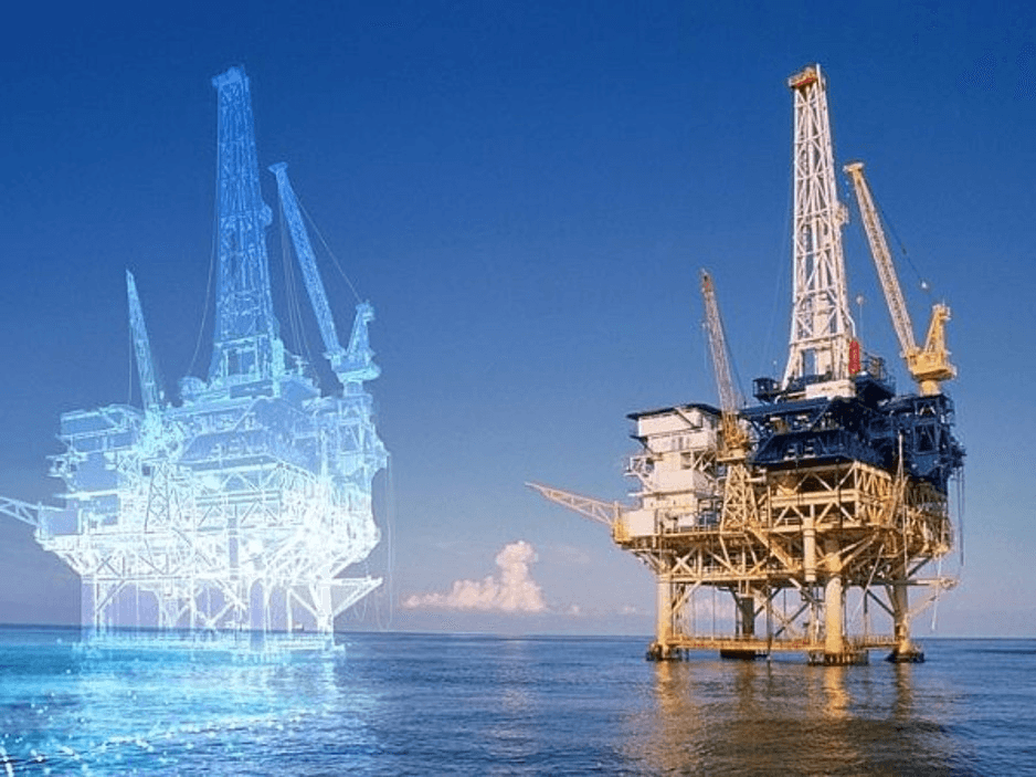 Digital twin wireframe overlaid on a real offshore platform