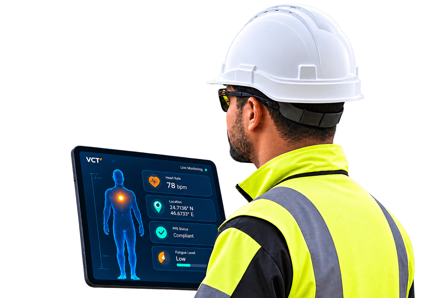Worker viewing live human information modeling data on a tablet