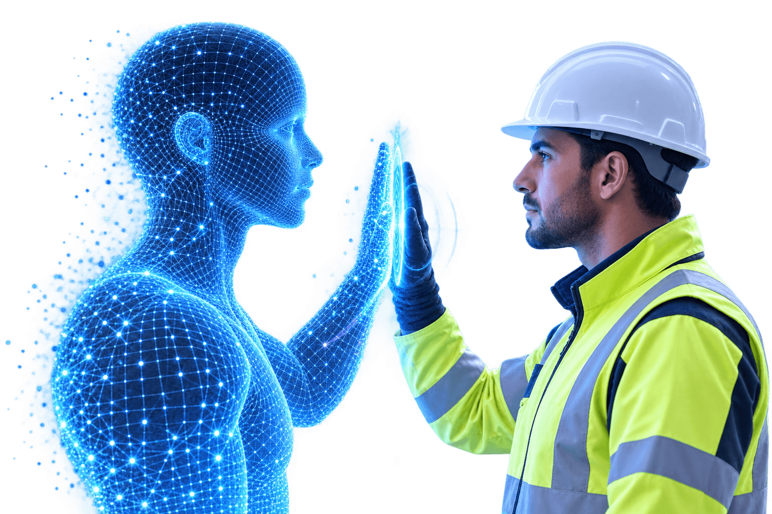 Worker touching a human digital twin hologram