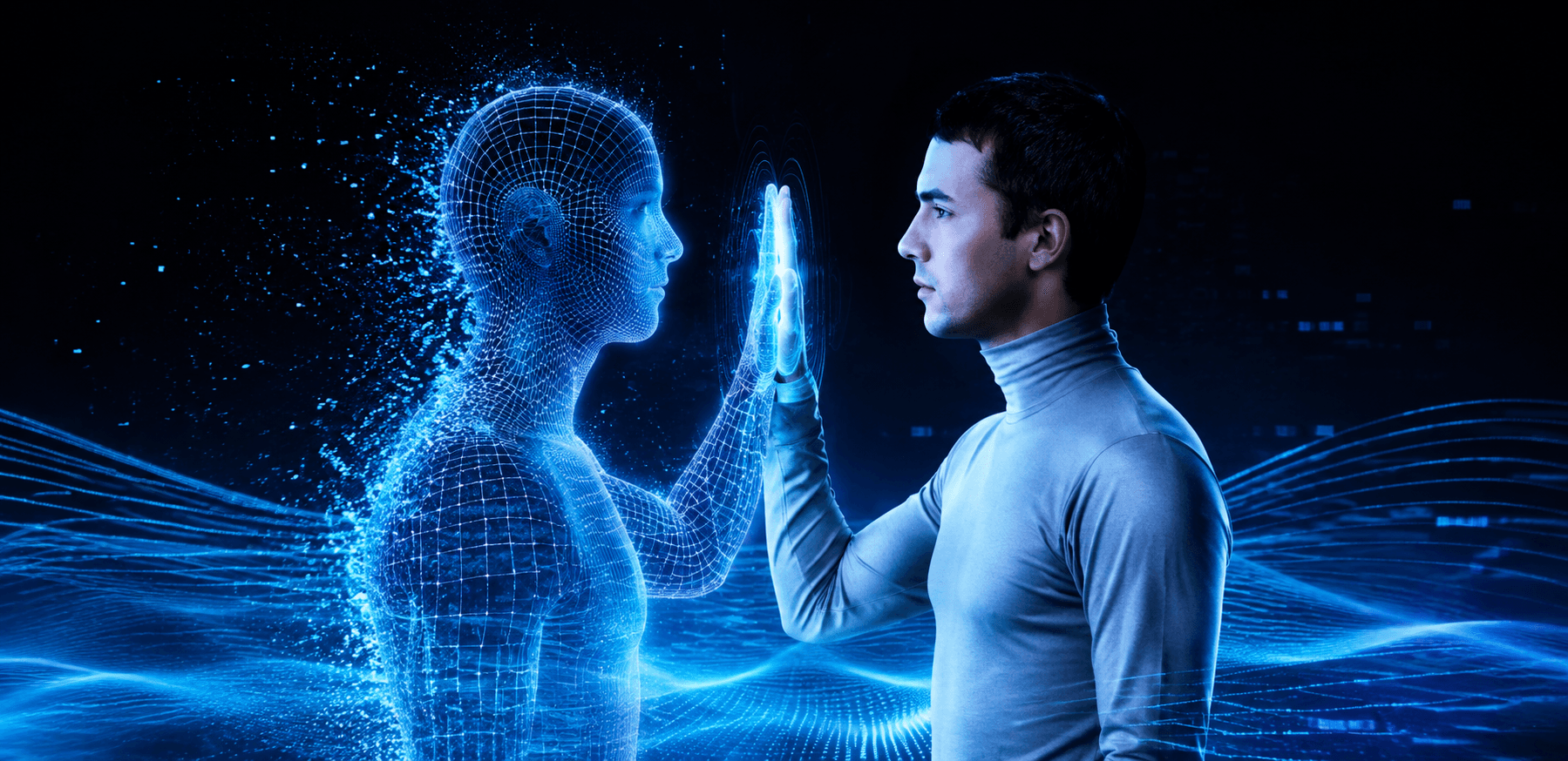 Human digital twin hologram facing a worker