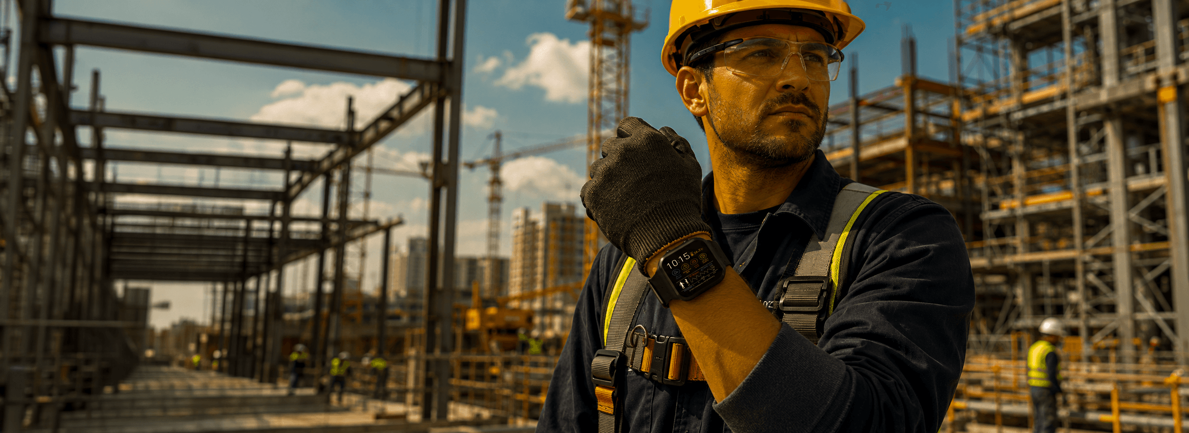 Industrial workers wearing connected smart watches at night